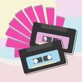 Poster in retro style with pink and blue cassettes on background with geometric figures